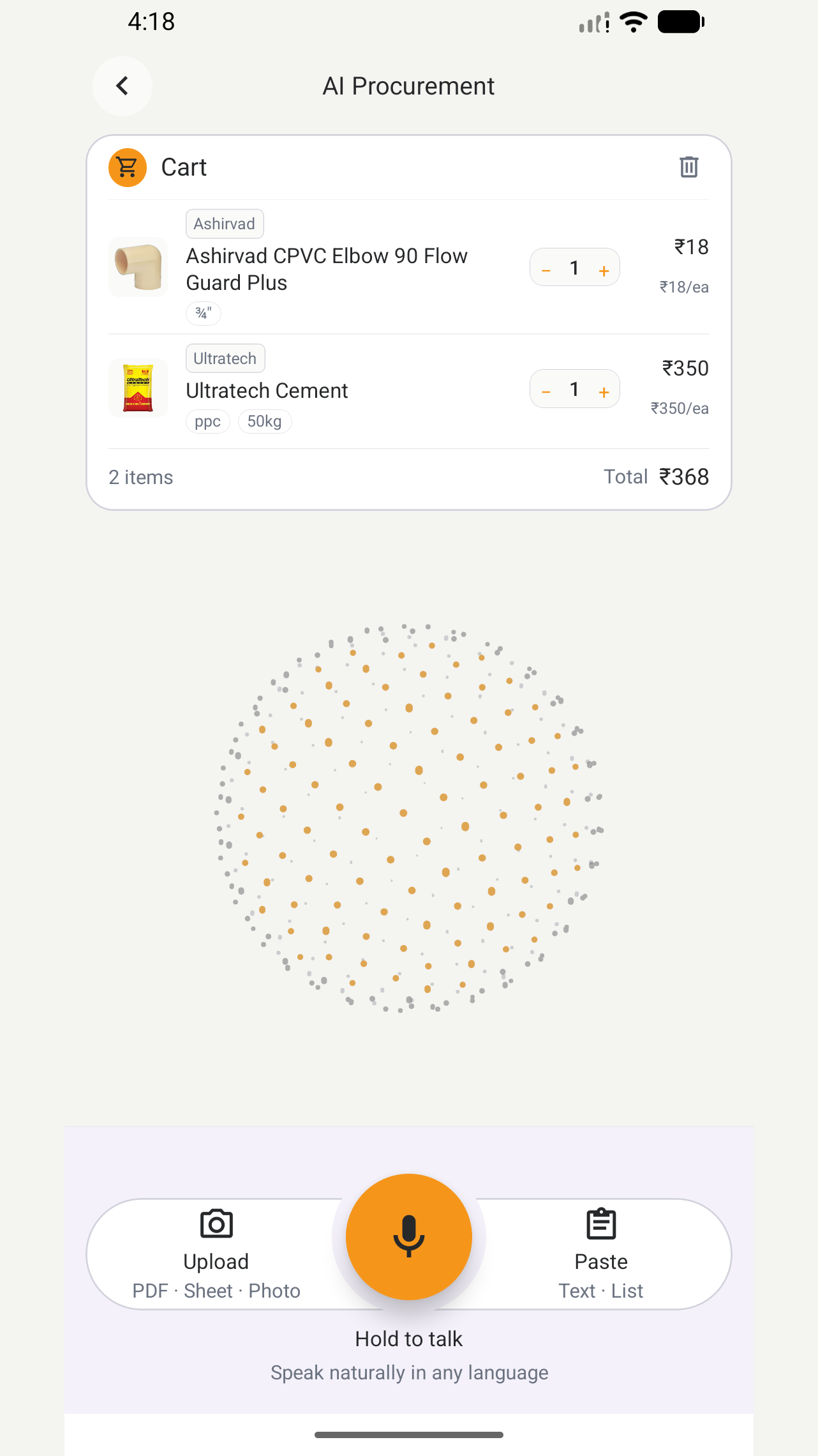 ZOKIT AI assistant with a material list and voice input