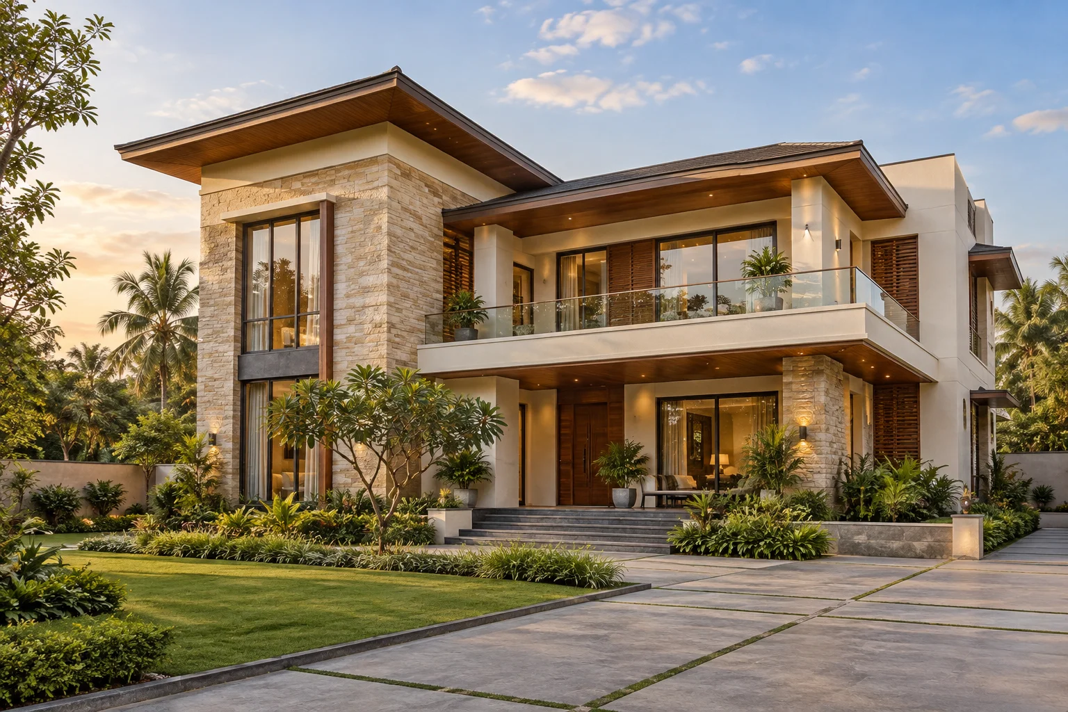 Large contemporary two-storey villa exterior design concept with landscaped gardens